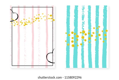 Gold glitter confetti with dots and sequins. Wedding and bridal shower invitation cards set. Vertical stripes background. Elegant gold glitter confetti for party, event, save the date flyer.