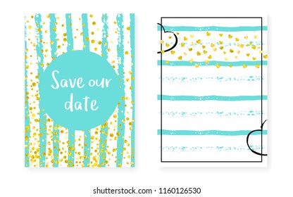 Gold glitter confetti with dots and sequins. Wedding and bridal shower invitation cards set. Vertical stripes background. Retro gold glitter confetti for party, event, save the date flyer.