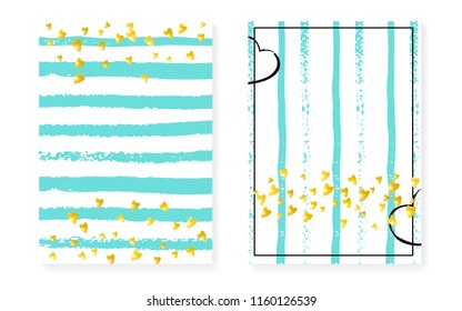 Gold glitter confetti with dots and sequins. Wedding and bridal shower invitation cards set. Vertical mint stripes background. Retro gold glitter confetti for party, event, save the date flyer
