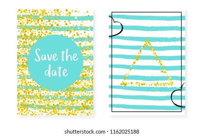 Gold glitter confetti with dots and sequins. Wedding and bridal shower invitation cards set. Vertical turquoise stripes background. Fashion gold glitter confetti for party, event, save the date flyer