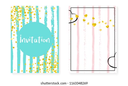 Gold glitter confetti with dots and sequins. Wedding and bridal shower invitation cards set. Vertical stripes background. Creative gold glitter confetti for party, event, save the date flyer.