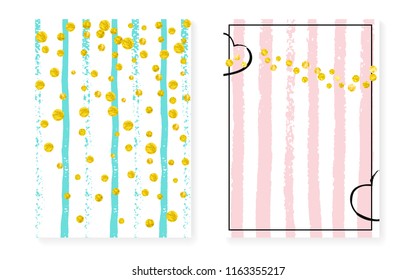 Gold glitter confetti with dots and sequins. Wedding and bridal shower invitation cards set. Vertical stripes background. Trendy gold glitter confetti for party, event, save the date flyer.