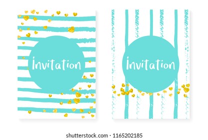 Gold glitter confetti with dots and sequins. Wedding and bridal shower invitation cards set. Vertical mint stripes background. Luxury gold glitter confetti for party, event, save the date flyer