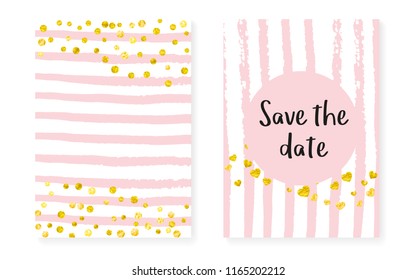 Gold glitter confetti with dots and sequins. Wedding and bridal shower invitation cards set. Vertical stripes background. Luxury gold glitter confetti for party, event, save the date flyer.