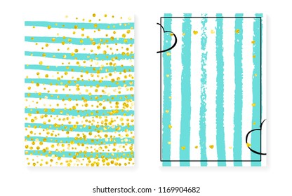 Gold glitter confetti with dots and sequins. Wedding and bridal shower invitation cards set. Vertical mint stripes background. Elegant gold glitter confetti for party, event, save the date flyer