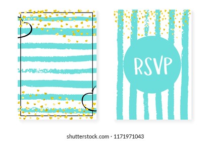 Gold glitter confetti with dots and sequins. Wedding and bridal shower invitation cards set. Vertical mint stripes background. Trendy gold glitter confetti for party, event, save the date flyer