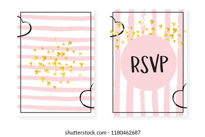 Gold glitter confetti with dots and sequins. Wedding and bridal shower invitation cards set. Vertical stripes background. Fashion gold glitter confetti for party, event, save the date flyer.
