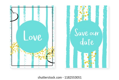Gold glitter confetti with dots and sequins. Wedding and bridal shower invitation cards set. Vertical stripes background. Luxury gold glitter confetti for party, event, save the date flyer.