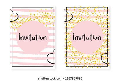 Gold glitter confetti with dots and sequins. Wedding and bridal shower invitation cards set. Vertical stripes background. Creative gold glitter confetti for party, event, save the date flyer.