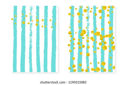 Gold glitter confetti with dots and sequins. Wedding and bridal shower invitation cards set. Vertical stripes background. Tender gold glitter confetti for party, event, save the date flyer.