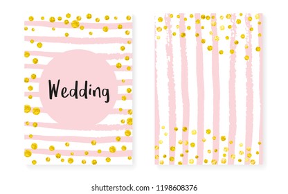 Gold glitter confetti with dots and sequins. Wedding and bridal shower invitation cards set. Vertical stripes background. Creative gold glitter confetti for party, event, save the date flyer.