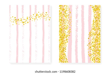 Gold glitter confetti with dots and sequins. Wedding and bridal shower invitation cards set. Vertical stripes background. Fashion gold glitter confetti for party, event, save the date flyer.