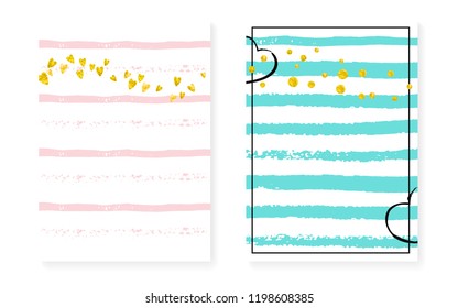 Gold glitter confetti with dots and sequins. Wedding and bridal shower invitation cards set. Vertical stripes background. Hipster gold glitter confetti for party, event, save the date flyer.