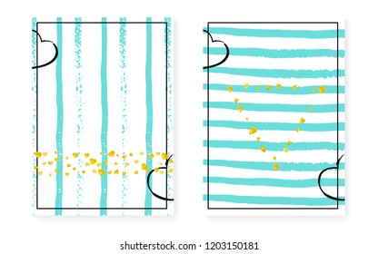 Gold glitter confetti with dots and sequins. Wedding and bridal shower invitation cards set. Vertical mint stripes background. Tender gold glitter confetti for party, event, save the date flyer