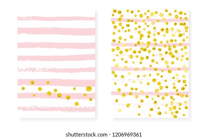 Gold glitter confetti with dots and sequins. Wedding and bridal shower invitation cards set. Vertical stripes background. Fashion gold glitter confetti for party, event, save the date flyer.
