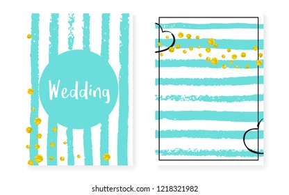 Gold glitter confetti with dots and sequins. Wedding and bridal shower invitation cards set. Vertical mint stripes background. Retro gold glitter confetti for party, event, save the date flyer