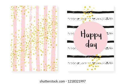 Gold glitter confetti with dots and sequins. Wedding and bridal shower invitation cards set. Vertical stripes background. Creative gold glitter confetti for party, event, save the date flyer.