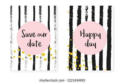 Gold glitter confetti with dots and sequins. Wedding and bridal shower invitation cards set. Vertical stripes background. Retro gold glitter confetti for party, event, save the date flyer.