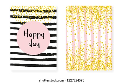 Gold glitter confetti with dots and sequins. Wedding and bridal shower invitation cards set. Vertical stripes background. Elegant gold glitter confetti for party, event, save the date flyer.
