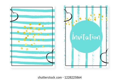 Gold glitter confetti with dots and sequins. Wedding and bridal shower invitation cards set. Vertical stripes background. Hipster gold glitter confetti for party, event, save the date flyer.