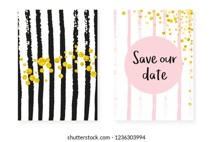 Gold glitter confetti with dots and sequins. Wedding and bridal shower invitation cards set. Vertical stripes background. Tender gold glitter confetti for party, event, save the date flyer.