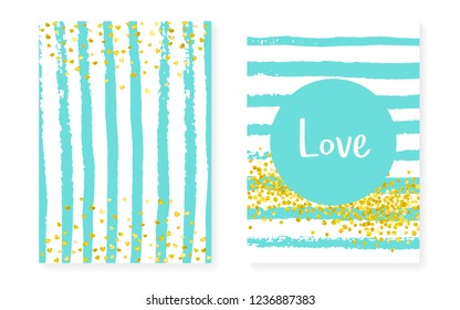 Gold glitter confetti with dots and sequins. Wedding and bridal shower invitation cards set. Vertical stripes background. Creative gold glitter confetti for party, event, save the date flyer.