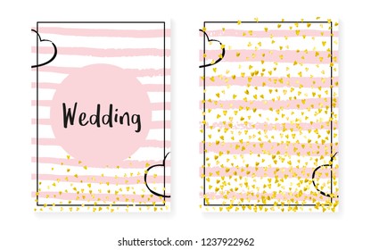 Gold glitter confetti with dots and sequins. Wedding and bridal shower invitation cards set. Vertical stripes background. Retro gold glitter confetti for party, event, save the date flyer.