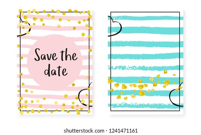 Gold glitter confetti with dots and sequins. Wedding and bridal shower invitation cards set. Vertical stripes background. Stylish gold glitter confetti for party, event, save the date flyer.