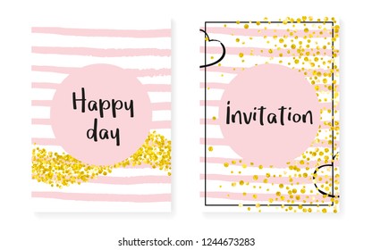Gold glitter confetti with dots and sequins. Wedding and bridal shower invitation cards set. Vertical stripes background. Fashion gold glitter confetti for party, event, save the date flyer.