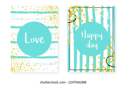 Gold glitter confetti with dots and sequins. Wedding and bridal shower invitation cards set. Vertical stripes background. Fashion gold glitter confetti for party, event, save the date flyer.