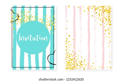 Gold glitter confetti with dots and sequins. Wedding and bridal shower invitation cards set. Vertical stripes background. Stylish gold glitter confetti for party, event, save the date flyer.