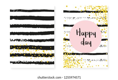 Gold glitter confetti with dots and sequins. Wedding and bridal shower invitation cards set. Vertical stripes background. Hipster gold glitter confetti for party, event, save the date flyer.