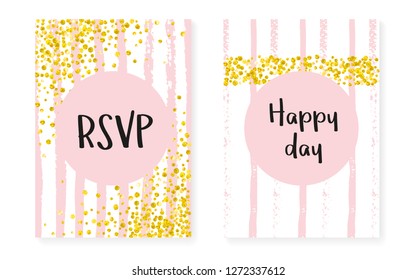 Gold glitter confetti with dots and sequins. Wedding and bridal shower invitation cards set. Vertical stripes background. Tender gold glitter confetti for party, event, save the date flyer.