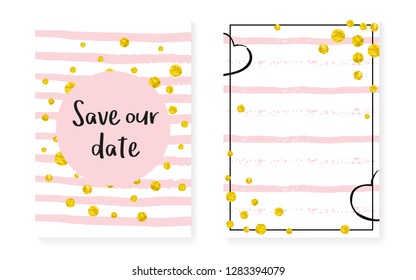 Gold glitter confetti with dots and sequins. Wedding and bridal shower invitation cards set. Vertical stripes background. Elegant gold glitter confetti for party, event, save the date flyer.