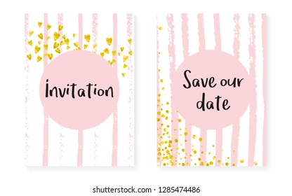 Gold glitter confetti with dots and sequins. Wedding and bridal shower invitation cards set. Vertical stripes background. Retro gold glitter confetti for party, event, save the date flyer.