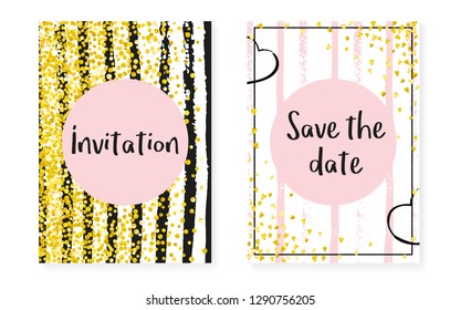 Gold glitter confetti with dots and sequins. Wedding and bridal shower invitation cards set. Vertical stripes background. Elegant gold glitter confetti for party, event, save the date flyer.
