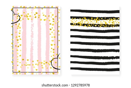 Gold glitter confetti with dots and sequins. Wedding and bridal shower invitation cards set. Vertical stripes background. Retro gold glitter confetti for party, event, save the date flyer.