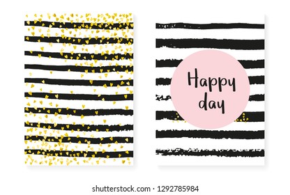 Gold glitter confetti with dots and sequins. Wedding and bridal shower invitation cards set. Vertical stripes background. Vintage gold glitter confetti for party, event, save the date flyer.