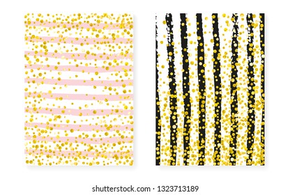 Gold glitter confetti with dots and sequins. Wedding and bridal shower invitation cards set. Vertical stripes background. Fashion gold glitter confetti for party, event, save the date flyer.