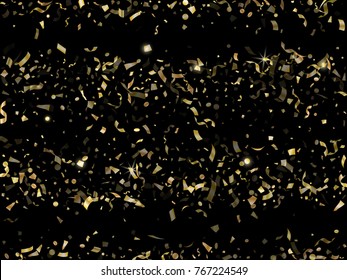 Gold glitter confetti falling down background vector. Flying circle and other particles golden confetti elements. Gold sparkles, tinsel elements new year celebration black backdrop design