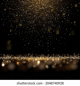 Gold glitter confetti falling vector illustration. Abstract golden circle sparkle rain, shiny magic glittering dust on floor, festive luxury shimmer sequins shine and glow in square card background