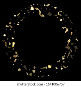 Gold glitter confetti flying on black holiday vector illustration. Cool flying sparkle elements, gold foil texture serpentine streamers confetti falling new year vector.