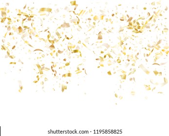 Gold glitter confetti flying on white holiday vector graphic design. Glamour flying sparkle elements, gold foil gradient serpentine streamers confetti falling carnival background.