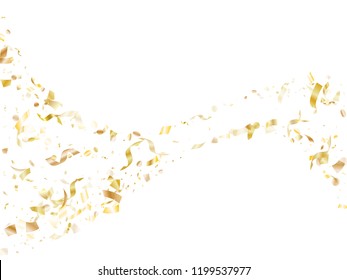 Gold glitter confetti flying on white holiday vector backdrop. Chic flying sparkle elements, gold foil gradient serpentine streamers confetti falling festive vector.