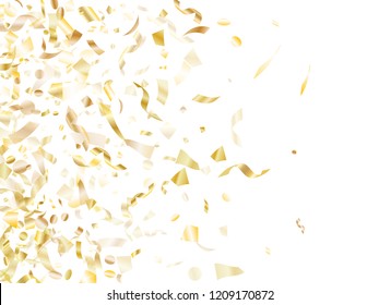 Gold glitter confetti flying on white holiday vector background. VIP flying sparkle elements, gold foil texture serpentine streamers confetti falling birthday background.