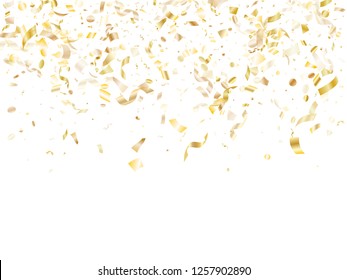 Gold glitter confetti flying on white holiday poster background. Glamour flying tinsel elements, gold foil texture serpentine streamers confetti falling party background.