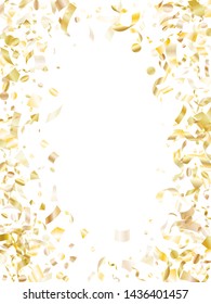 Gold glitter confetti flying on white holiday vector backdrop. Premium flying sparkle elements, gold foil gradient serpentine streamers confetti falling party background.