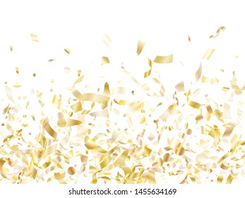 Gold glitter confetti flying on white holiday vector design. Modern flying tinsel elements, gold foil texture serpentine streamers confetti falling birthday vector.