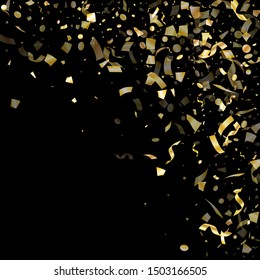 Gold glitter confetti flying on black holiday vector graphic design. Beautiful flying tinsel elements, gold foil texture serpentine streamers confetti falling birthday vector.