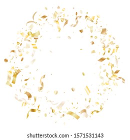 Gold glitter confetti flying on white holiday vector design. Glamourous flying tinsel elements, gold foil gradient serpentine streamers confetti falling birthday vector.